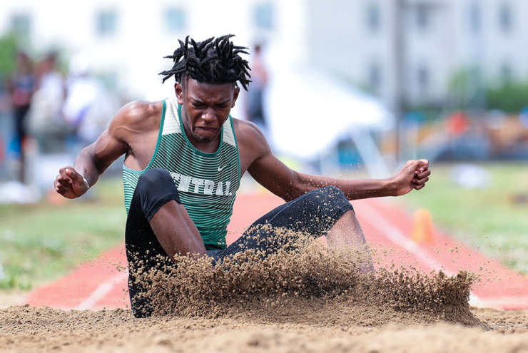 <strong>Memphis Central High School's Zavien Wolfe competes in the Boys Triple Jump at the TSSAA state championships in Murfreesboro, Tennessee, on May 26, 2022.</strong> (Patrick Lantrip/The Daily Memphian file)