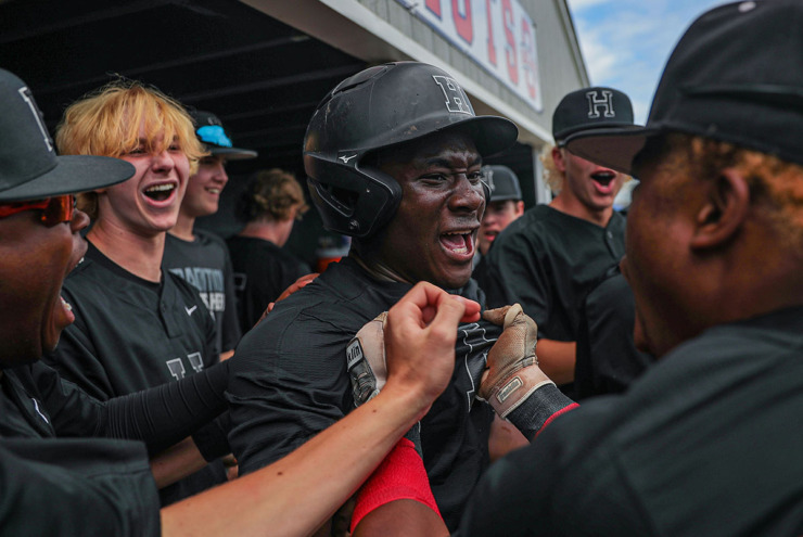 <strong>Houston High School players celebrate a tying run in the Class 4A State Baseball championship game in Murfreesboro, Tennessee, on May 28, 2022.</strong> (Patrick Lantrip/The Daily Memphian file)
