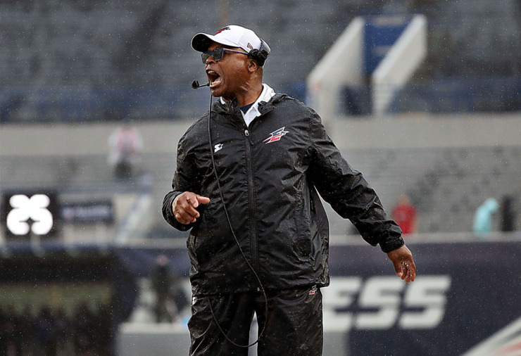 <strong>Memphis Express head coach Mike Singletary was not happy with the refs for their questionable clock management during an Alliance American Football league game. Memphis lost 34-31 to the Orlando Apollos on Saturday, March 30, 2019.</strong> (Patrick Lantrip/The Daily Memphian file)