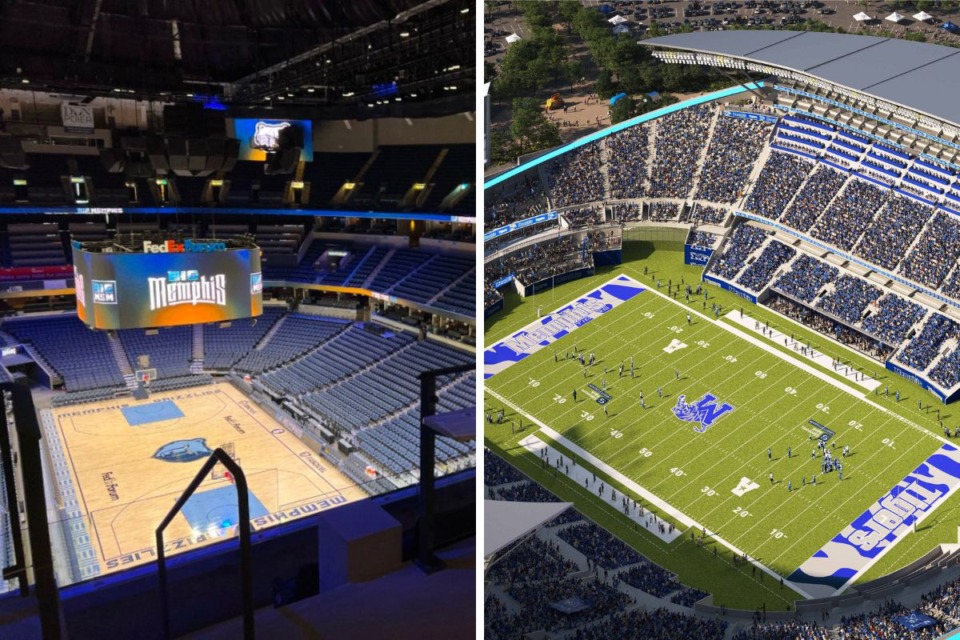 <strong>The Grizzlies estimate $550 million is needed for the scope of work required at FedExForum, left, and the university&rsquo;s full upgrade cost estimate for Simmons Bank Liberty Stadium, shown in rendering on the right, was $295 million.</strong> (From left to right: Drew Hill/The Daily Memphian file; Rendering Courtesy University of Memphis)
