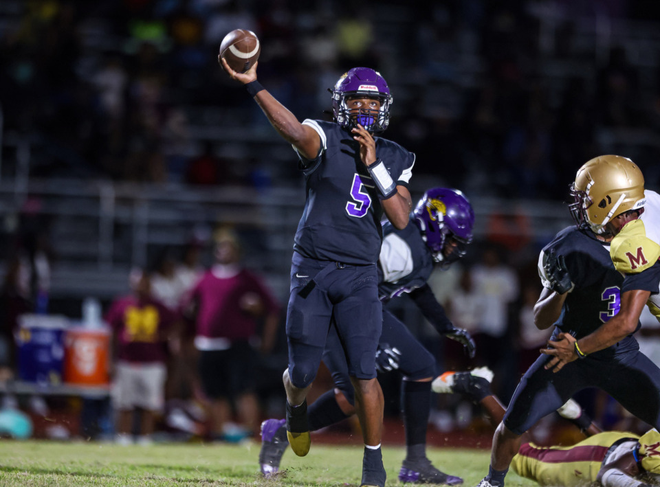 <strong>Southwind&rsquo;s Kelvin Perkins (5) throw a pass against Melrose on Thursday, Sept. 21, 2023. Southwind defeated Melrose 34-6.</strong> (Wes Hale/Special to The Daily Memphian)