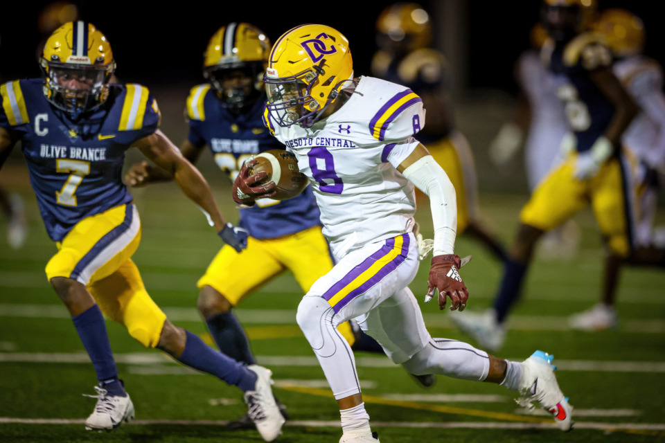 <strong>DeSoto Central&rsquo;s Jalen Spikes (8) runs after intercepting the ball in the fourth quarter of the game against Olive Branch on Sept. 22, 2023. DeSoto Central defeated Olive Branch 20-14.</strong> (Wes Hale/Special to The Daily Memphian)