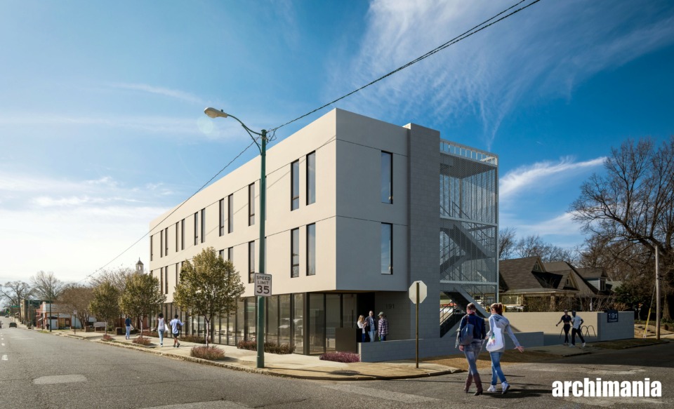 <strong>The planned building at the southwest corner of Cooper at Linden will house six apartments total on the top two floors, and a commercial tenant on the ground level.</strong> (Rendering courtesy of archimania)