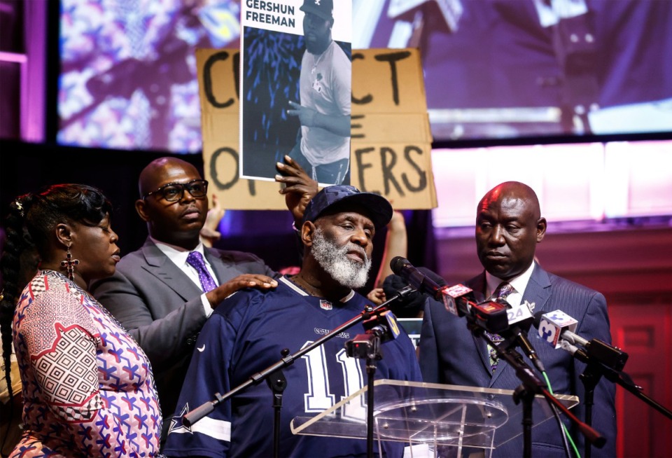 <strong>George Burks (middle), father of Gershun Freeman, speaks at a press conference on Monday, Sept. 25, 2023.</strong> (Mark Weber/The Daily Memphian file)