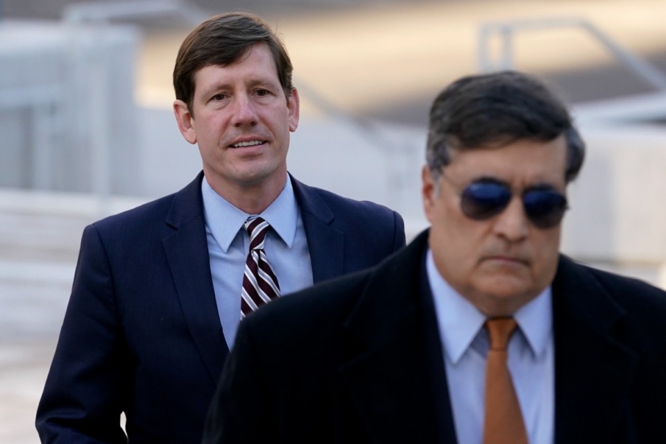 <strong>Former Republican state Sen. Brian Kelsey, left, arrives at federal court, Nov. 22, 2022, in Nashville.&nbsp;Kelsey will be free until his appeal plays out after U.S. District Court Judge Waverly Crenshaw on Tuesday, Sept. 26, granted his request for bail.&nbsp;</strong>(Mark Humphrey/AP File)