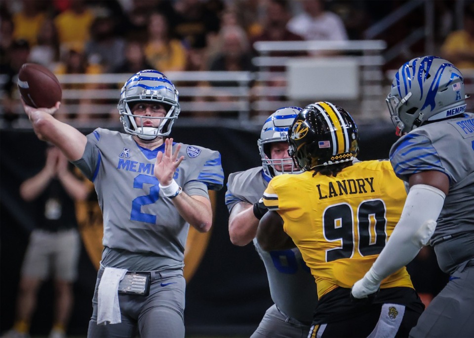<strong>University of Memphis quarterback Seth Henigan (2) looks for an open receiver during a Sept. 23, 2023 game against the University of Missouri in St. Louis.</strong> (Patrick Lantrip/The Daily Memphian)