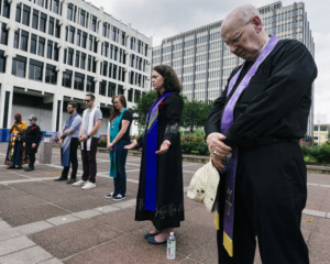 <strong>Fred Morton (from right), Rev. Dr. Courtney Pace, Whitney Brown, Noah Quinton and Sam Teitel join in prayer of various religious denominations for the lost life of recently slain Brandon Webber at a vigil Sunday, June 16, at Memphis City Hall. The vigil was hosted by MICAH (Memphis Interfaith Coalition for Action and Hope).&nbsp;</strong>(Ziggy Mack/Special to the Daily Memphian)