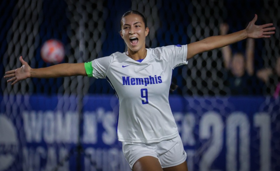 <strong>University of Memphis Tigers forward Mya Jones (9) celebrates one of her two goals, which led to a 2-1 win over SMU on Sept. 28, 2023.</strong> (Patrick Lantrip/The Daily Memphian)