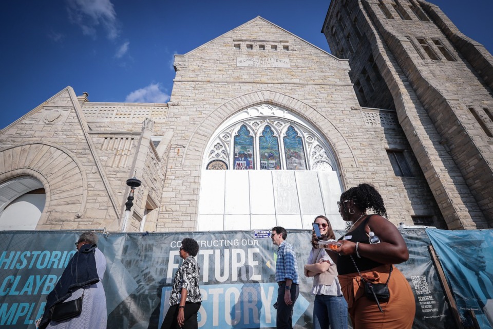 <strong>AllWorld project manager Allison Springfield gives a tour of the new stained-glass windows at Clayborn Temple in Downtown Memphis on Sept. 28, 2023.</strong> (Patrick Lantrip/The Daily Memphian)