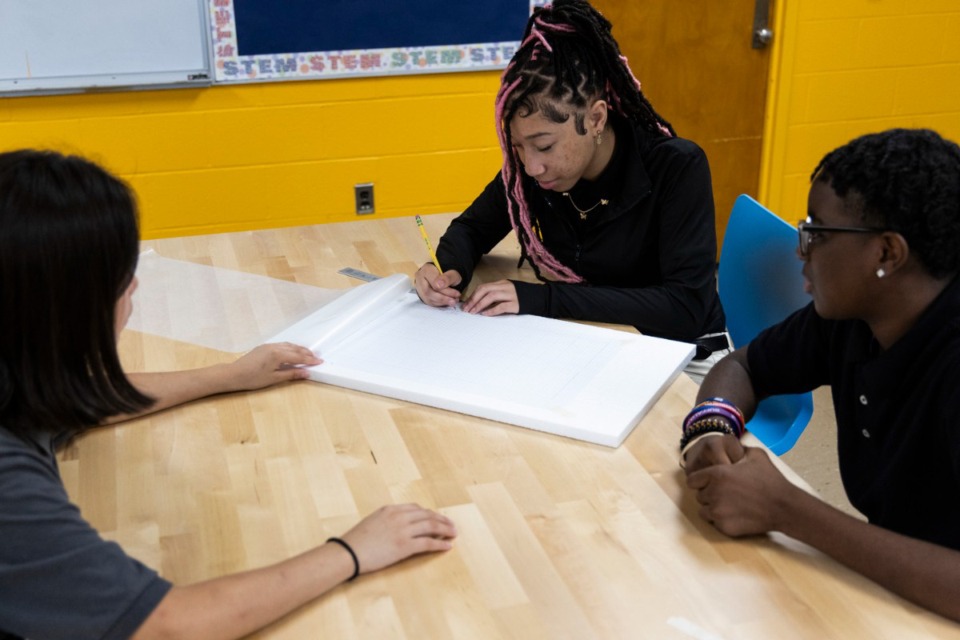 <strong>From left to right, Paula Torres, Andrea Green and Jerry Baker work on a project during a class in KIPP Memphis Collegiate High&rsquo;s new STEM labs.</strong> (Brad Vest/Special to The Daily Memphian)