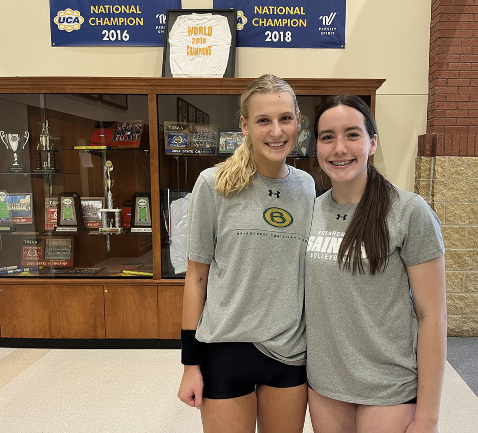 <strong>&ldquo;You can&rsquo;t be timid or scared,&rdquo; said Briarcrest&rsquo;s Bella Sherrod, right, about volleyball. &ldquo;It&rsquo;s a very aggressive sport.&rdquo; Sherrod and teammate Julia Loschinskey, left, are seniors on the defending state championship team.</strong> (John Varlas/The Daily Memphian)