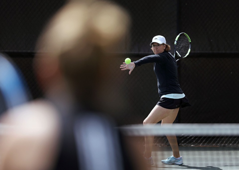 <strong>Cindy Miller battles with fellow student Melinda Hoehn during a tennis lesson from Tom Stem at Leftwich Tennis Center in East Memphis Tuesday, March 26, 2019. The renovated Leftwich Tennis Center will open to the public Nov. 11, 2023.&nbsp;</strong> (Patrick Lantrip/The Daily Memphian file)