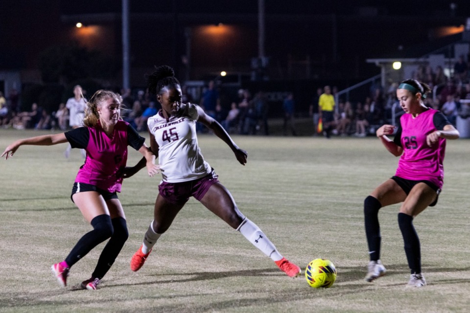 <strong>Collierville&rsquo;s Hilary Shikoku pushes towards the goal during Wednesday night against at Houston.&nbsp;</strong>(Brad Vest/Special to The Daily Memphian)