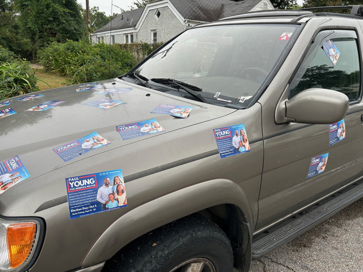 <strong>A car plastered with Paul Young campaign info sits across the street from Greater Galatian Baptist Church on Thursday, Oct. 5, 2023.</strong> (Beth Sullivan/The Daily Memphian)