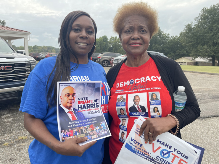<strong>Campaign workers Lavonda Woods and Marilyn Campbell pose for a photo outside St. Paul Baptist Church, 2124 E. Holmes Road, on Thursday, Oct. 5.</strong> (Julia Baker/The Daily Memphian)