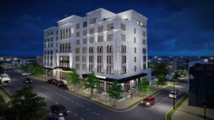 <strong>A building permit application was filed on Monday for the construction of the Memphian Hotel at&nbsp;21 S. Cooper.&nbsp;The hotel will feature 107 rooms, rooftop bar and dining, a ground-floor restaurant on the northeast corner at Trimble, and a fitness room on the southeast corner nearest Hattiloo Theatre.</strong> (Rendering courtesy of Renaissance Group)