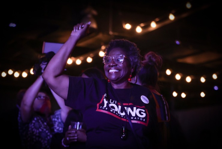 <strong>Delois Williamson celebrates the early results at Paul Young's campaign watch party at Minglewood Hall Oct. 5, 2023.</strong> (Patrick Lantrip/The Daily Memphian)