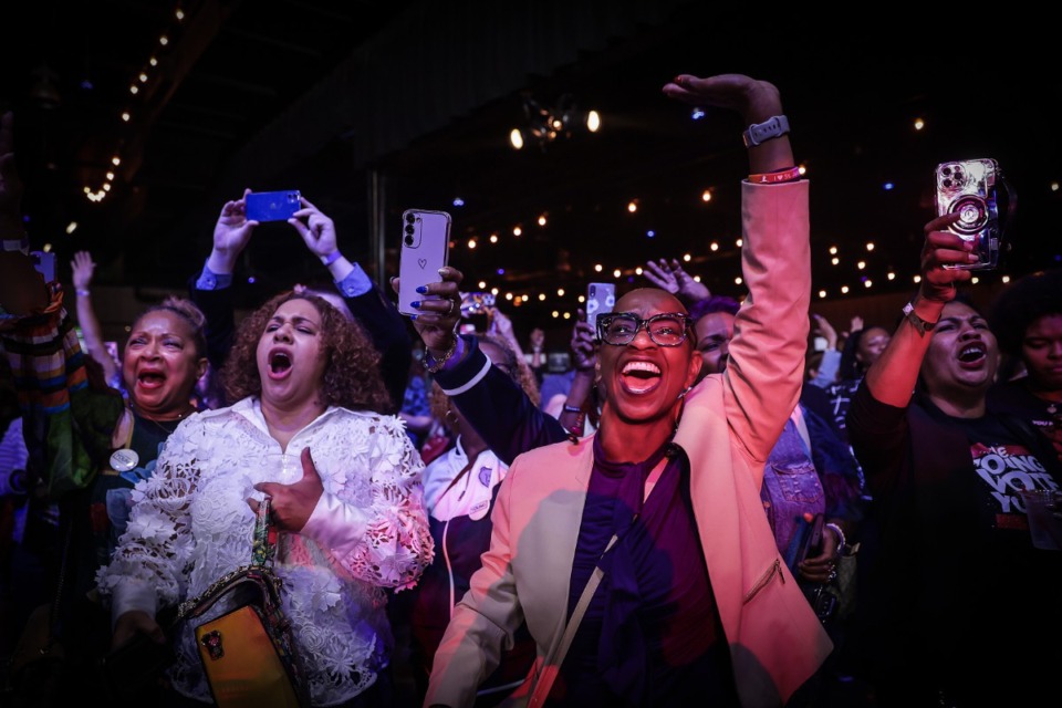 <strong>Sharon Renee Williams reacts to Paul Young&rsquo;s mayoral victory speech at Minglewood Hall Oct. 5, 2023.</strong> (Patrick Lantrip/The Daily Memphian)