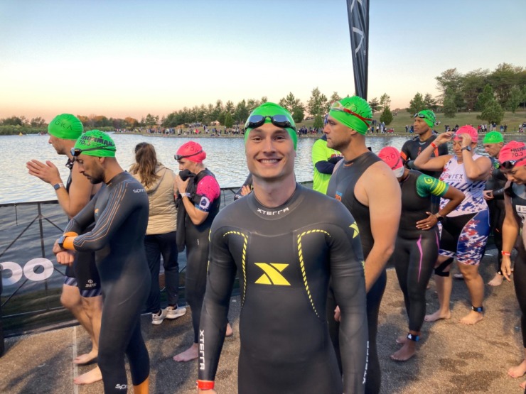 <strong>Joseph Welch waits for the start of Saturday's Ironman at Shelby Farms Park on Saturday, Oct. 7, 2023.</strong> (David Boyd/The Daily Memphian)