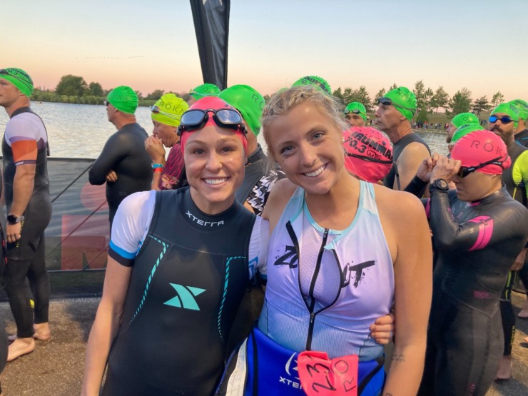 <strong>Olivia Tabor (left) and Molly Martin wait in line to start the swim portion of the St. Jude Ironman 70.3 Memphis race that was started and ended Saturday, Oct. 7, at Shelby Farms Park</strong>. (David Boyd/The Daily Memphian)