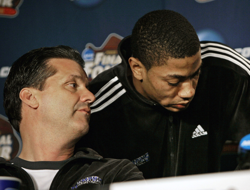 <strong>&ldquo;I wouldn&rsquo;t trade my nine years there for anything,&rdquo; said Kentucky coach John Calipari of his time as coach at Memphis. Derrick Rose, right, talks to Calipari at a news conference at the college basketball Final Four Sunday, April 6, 2008, in San Antonio.</strong> (Eric Gay/AP Photo file)