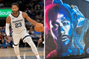 <strong>Left,&nbsp;Memphis Grizzlies guard Derrick Rose (23) handles the ball in a preseason basketball game Sunday, Oct. 8, in Memphis. Right,&nbsp;a mural of Memphis Grizzlies point guard Derrick Rose in the Edge District.</strong> (Brandon Dill/AP Photo, Drew Hill/The Daily Memphian)