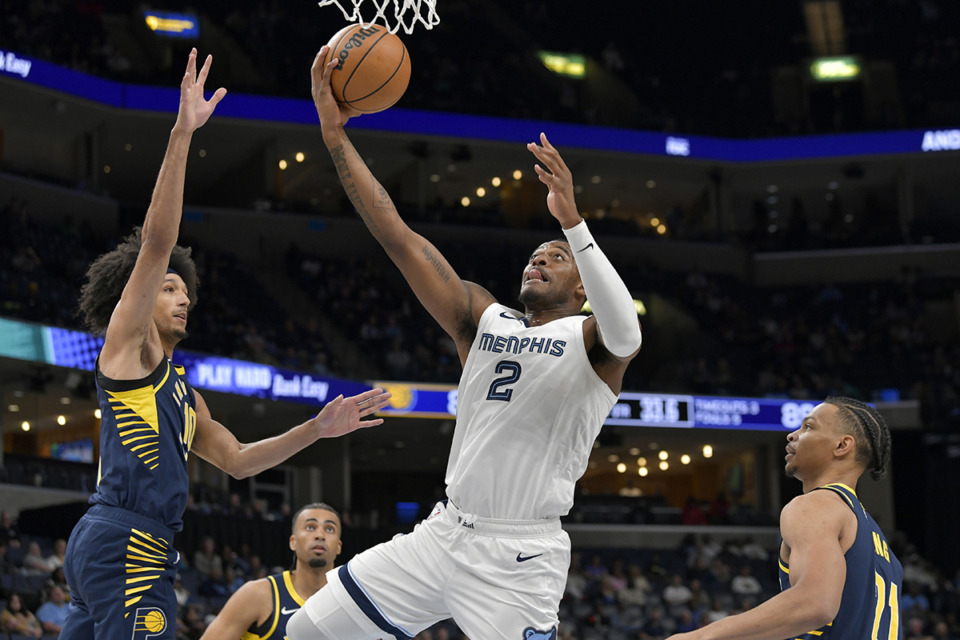 <strong>Memphis Grizzlies forward Xavier Tillman (2) shoots against Indiana Pacers guard Kendall Brown (10) in the second half of an NBA preseason basketball game, Sunday, Oct. 8, in Memphis.</strong> (Brandon Dill/AP Photo)