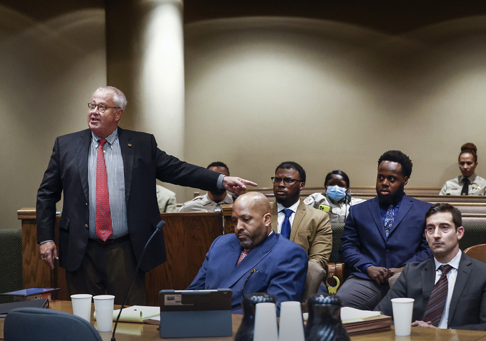 <strong>Attorney Martin Zummach (left) points to his client former Memphis Police Officer Justin Smith (tan suit) during an appearance in Judge James Jones&rsquo; courtroom on Sept. 15. Zummach filed a notice of joinder with&nbsp;Michael Stengel, who represents Demetrius Haley, in his motion to compel Nichols&rsquo; phone records from the U.S. government.</strong> (Mark Weber/The Daily Memphian file)