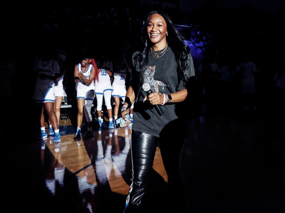 <strong>Memphis Tigers women&rsquo;s basketball head coach Alex Simmons is introduced during Memphis basketball&rsquo;s Student Madness event on Wednesday, Oct. 04, 2023.</strong> (Mark Weber/The Daily Memphian)