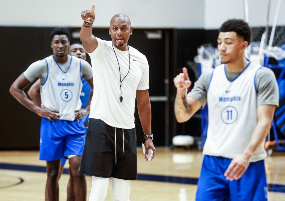<strong>University of Memphis head coach Penny Hardaway (middle) during practice on Wednesday, Sept. 27, 2023.</strong> (Mark Weber/The Daily Memphian)
