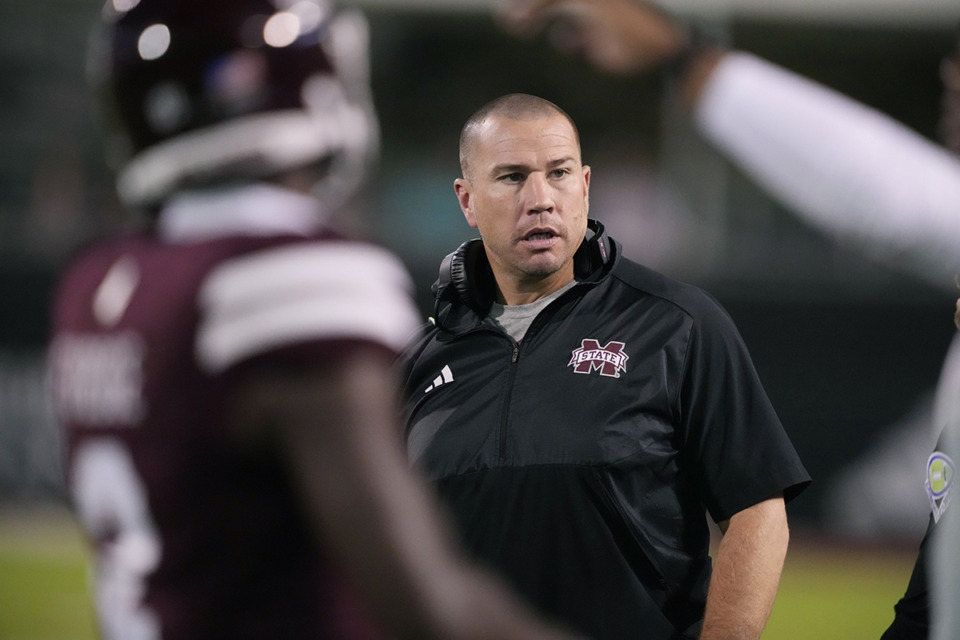 <strong>Mississippi State head coach Zach Arnett reacts to a play during the second half of an NCAA college football game against Alabama Sept. 30 in Starkville, Miss. Alabama won 40-17.</strong> (Rogelio V. Solis/AP file)