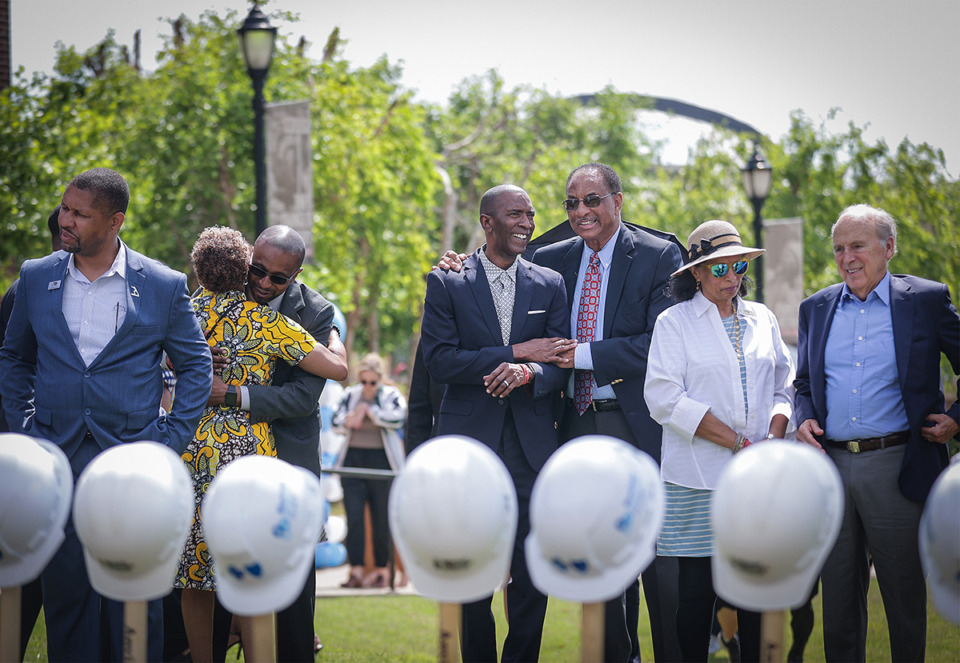 <strong>National Civil Rights Museum board members Elliot Perry and Herbert Hilliard share a laugh at a groundbreaking ceremony for Founders Park May 16.</strong> (Patrick Lantrip/The Daily Memphian file)