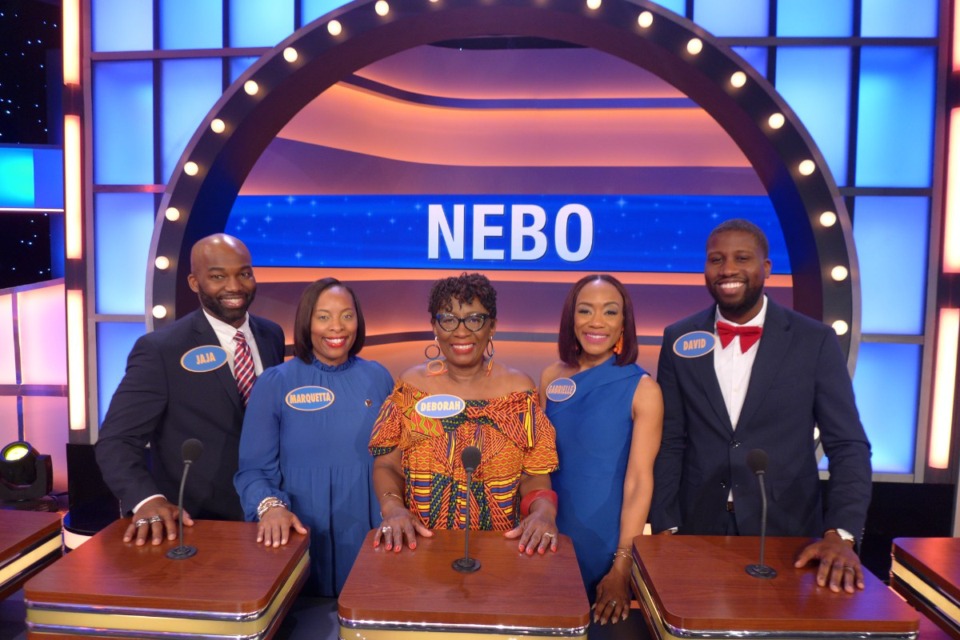 <strong>The Nebo family on the set of &ldquo;Family Feud.&rdquo; From left&nbsp;to right: Jaja Nebo,&nbsp;Marquetta Nebo, Deborah Westbrook, Gabrielle Westbrook and David Moore.</strong> (Courtesy Family Feud)