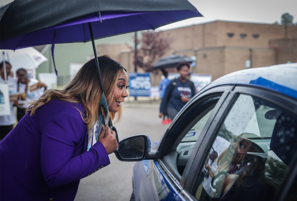 <strong>Memphis City Council Janika White, seen at left campaigning on Oct. 5, is one of three new council members as of the election. The other two are Phillip Spinoza and Yolanda Cooper-Sutton (not pictured).</strong> (Patrick Lantrip/The Daily Memphian file)