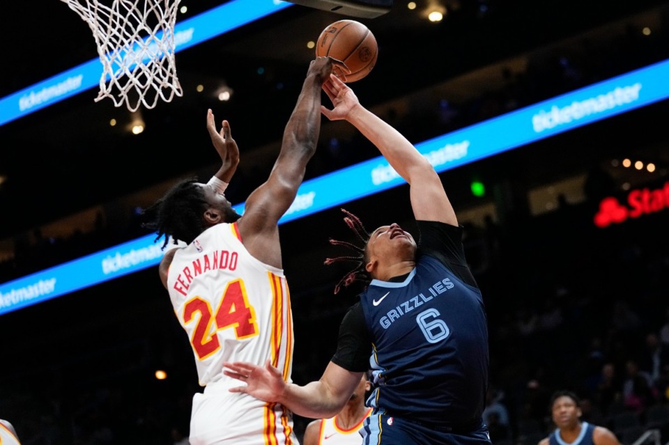 <strong>Memphis Grizzlies forward Kenneth Lofton Jr. (6) is fouled by Atlanta&rsquo;s Bruno Fernando (24) as he goes up for a shot on Thursday, Oct. 12, 2023, in Atlanta.</strong> (John Bazemore/AP)