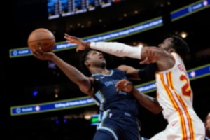 <strong>Memphis Grizzlies forward GG Jackson (45) tries to get off a shot past Atlanta&rsquo;s Bruno Fernando on Thursday, Oct. 12, 2023, in Atlanta.</strong> (John Bazemore/AP)