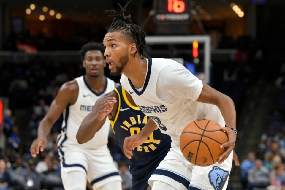 <strong>Memphis Grizzlies forward Ziaire Williams (8) handles the ball against the Indiana Pacers in the first half of an NBA preseason basketball game Sunday, Oct. 8, 2023, in Memphis, Tenn.</strong> (AP Photo/Brandon Dill)