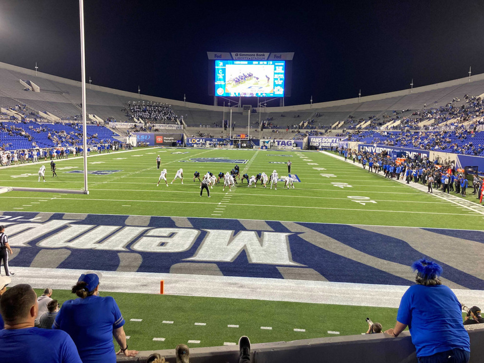 <strong>The University of Memphis Tigers and the University of Tulsa Golden Hurricane line up against each other at Simmons Bank Liberty Stadium on Nov. 10, 2022.</strong> (David Boyd/The Daily Memphian file)