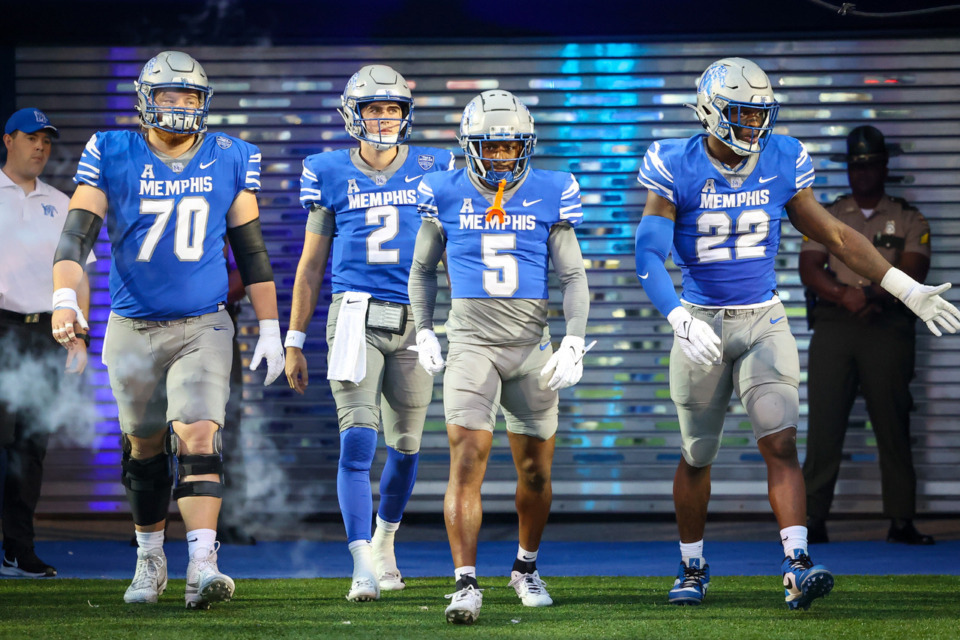 <strong>The captains of the University of Memphis Tigers football team take the field before the game against Tulane University on Oct. 13, 2023, at Simmons Bank Liberty Stadium.</strong> (Wes Hale/Special to The Daily Memphian)&nbsp;
