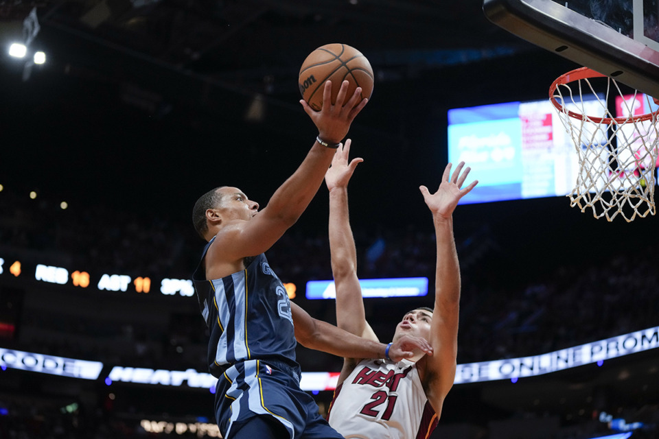 <strong>Memphis Grizzlies guard Desmond Bane jumps to shoot past Miami Heat forward Cole Swider (21) during an NBA preseason basketball game, Sunday, Oct. 15, in Miami.</strong> (Rebecca Blackwell/AP Photo)