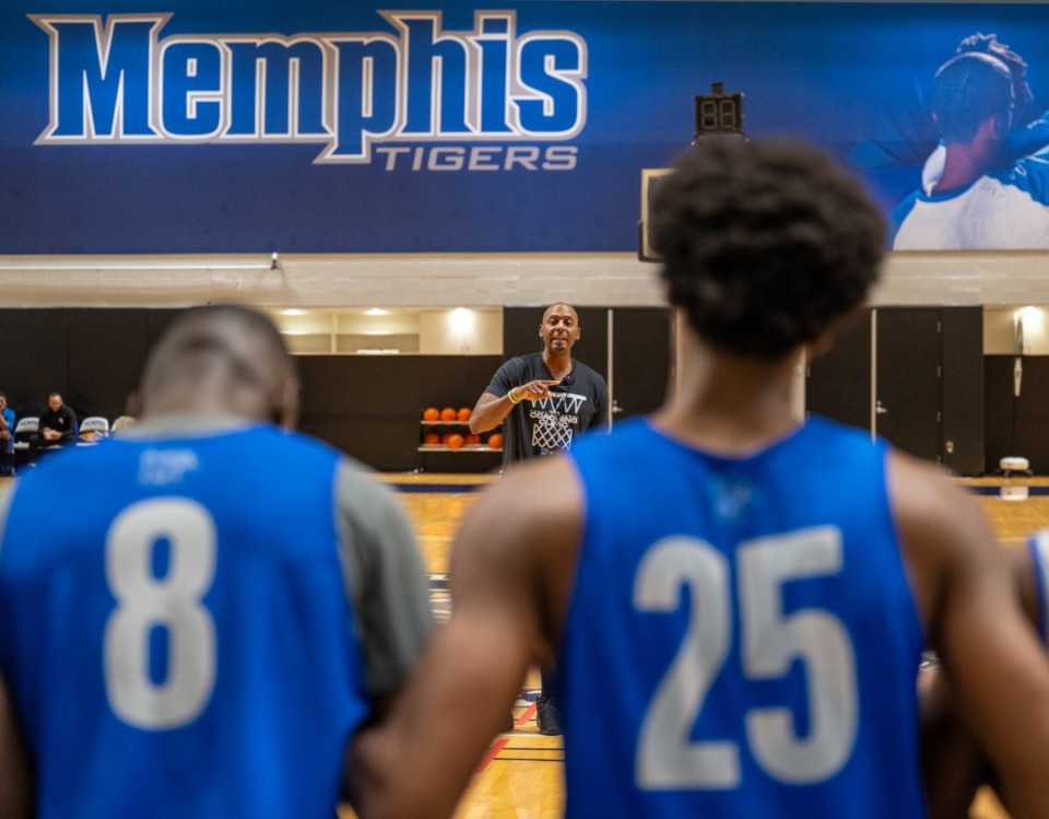 <strong>University of Memphis Tigers basketball players listen as Coach Penny Hardaway leads practice Saturday, Oct. 14, 2023 at the Laurie-Walton Family Basketball Center.</strong> (Greg Campbell/Special to The Daily Memphian)