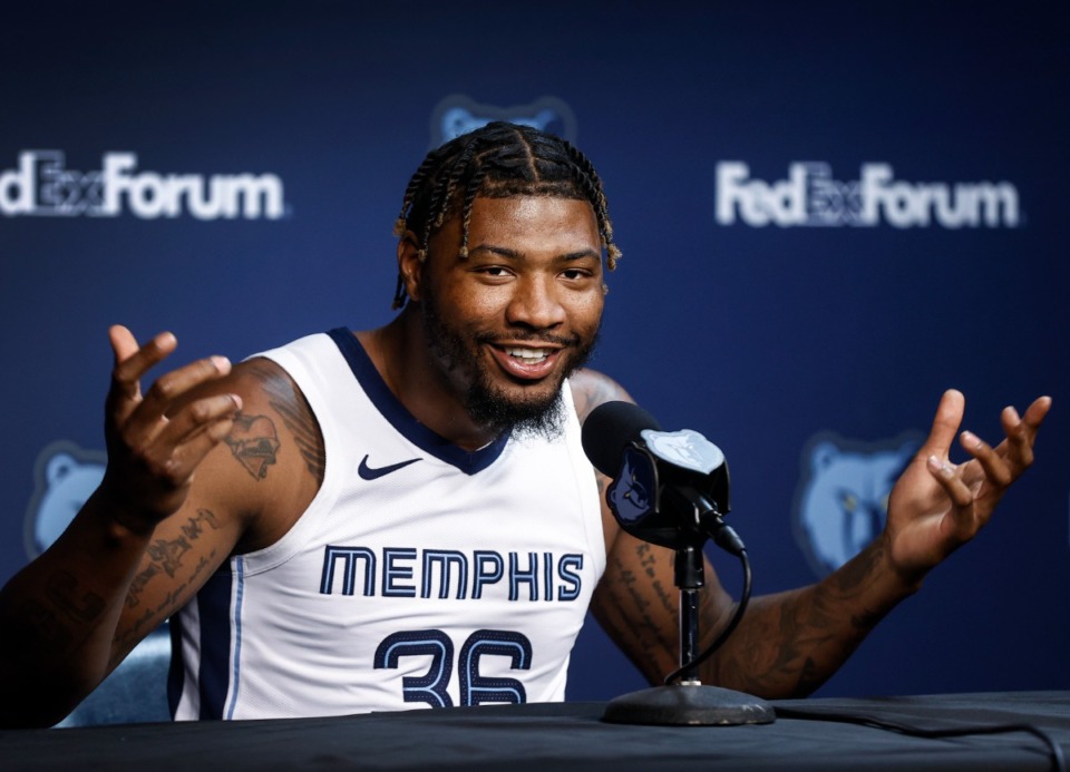 <strong>Memphis Grizzlies guard Marcus Smart speaks to media Oct. 2.</strong> (Mark Weber/The Daily Memphian)