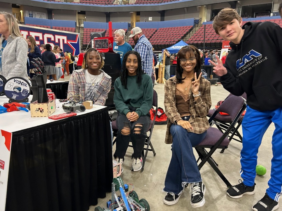 <strong>DeSoto Central students (from left) London Armstrong, Celeste Lewis, Maci Coley and Grason Kunkel attended the &ldquo;Bridging the Gap&rdquo; career expo at the Landers Center Tuesday, Oct. 17.</strong> (Beth Sullivan/The Daily Memphian)