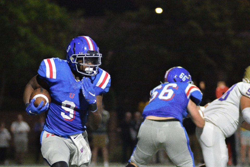 <strong>MUS running back Tyler Perry makes a run against CBHS on Oct. 13, 2023. The Owls play Oakhaven Friday.</strong> (Joshua White/The Daily Memphian file)