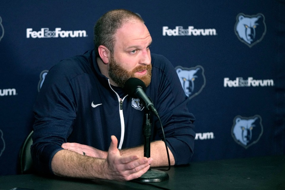 <strong>Memphis Grizzlies head coach Taylor Jenkins speaks about Ja Morant during a news conference prior to the game against the Los Angeles Clippers Sunday, March 5, 2023, in Los Angeles. Morant promised to get help after livestreaming himself holding what appeared to be a gun at a nightclub.</strong> (Mark J. Terrill/AP File)