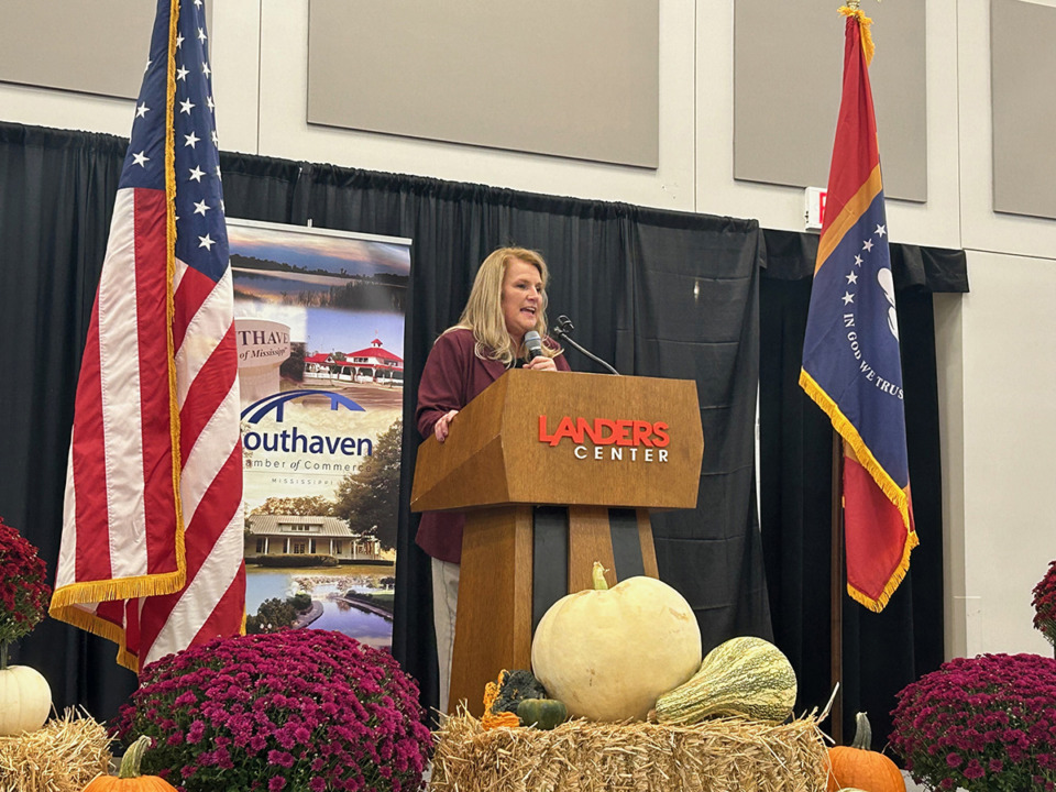 <strong>Southaven Chamber of Commerce executive director Debbie King speaks at the chamber&rsquo;s annual luncheon Oct. 18 at the Landers Center.</strong> (Beth Sullivan/The Daily Memphian)