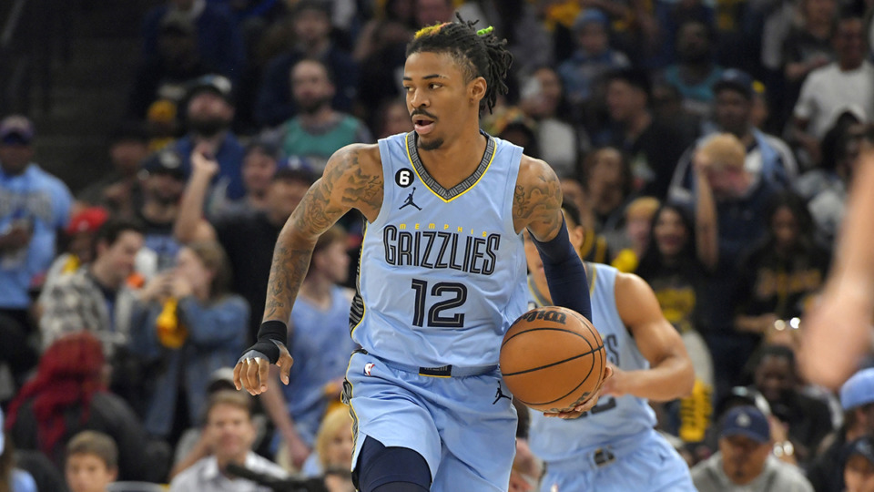 <strong>Memphis Grizzlies guard Ja Morant, 12, brings the ball up court during the first half of Game 5 in a first-round NBA basketball playoff series against the Los Angeles Lakers April 26 in Memphis.</strong> (Brandon Dill/AP file)