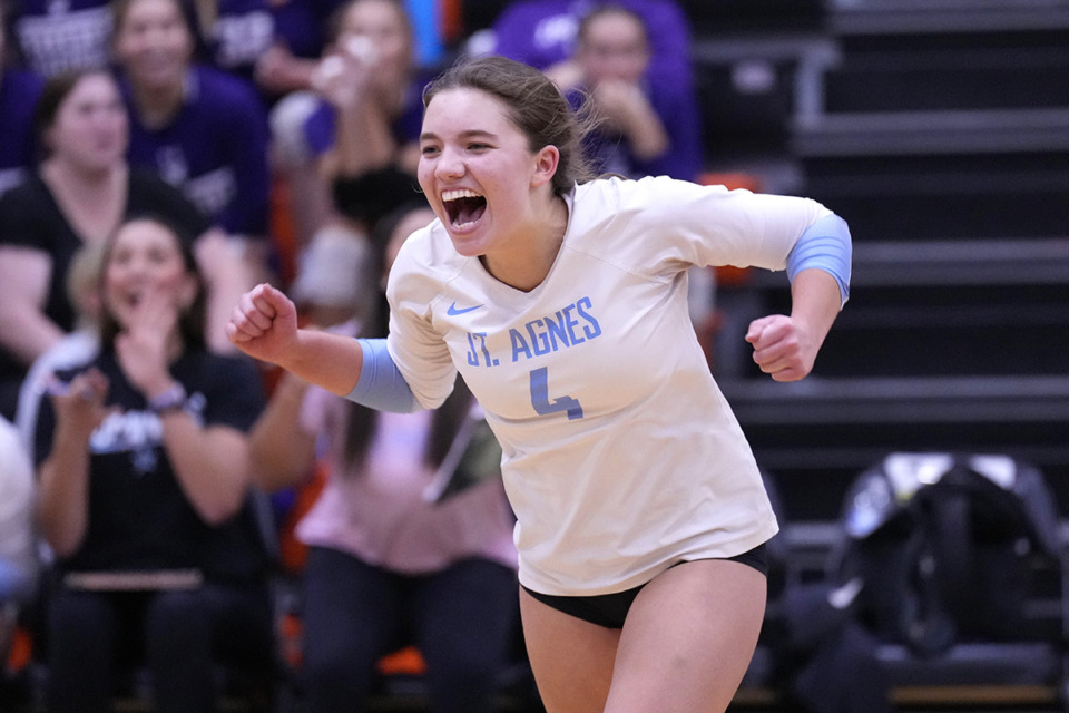 <strong>St. Agnes Academy&rsquo;s Emily Farm celebrates a point while playing Briarcrest Christian during a Division 2-AA high school volleyball tournament game Wednesday, Oct. 18, 2023, in Murfreesboro, Tenn.</strong> (Mark Humphrey/AP Photo)