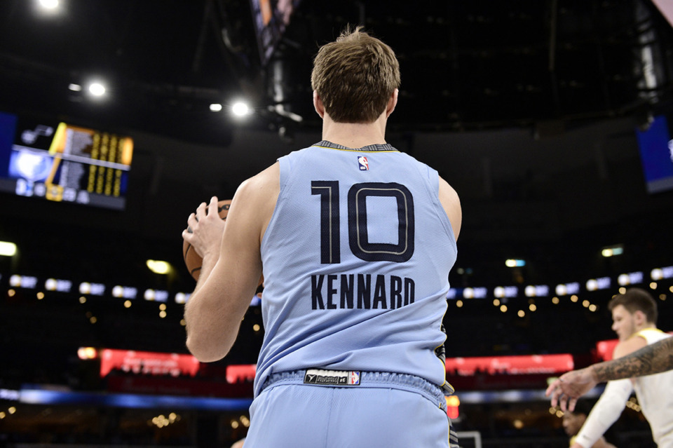 <strong>Memphis Grizzlies guard Luke Kennard, 10, inbounds the ball in the second half of an NBA basketball game against the Utah Jazz Feb. 15 in Memphis.</strong> (Brandon Dill/AP file)