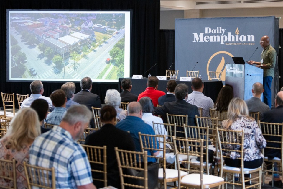 <strong>Andre Jones, co-owner of Jones Urban Development, speaks at The Daily Memphian&rsquo;s Developing Memphis Seminar on Oct. 19 at Memphis Botanic Garden.</strong> (Brad Vest/Special to The Daily Memphian)